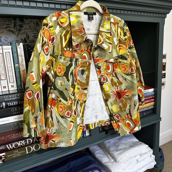 Kak Tus Artsy Button Front Women's Sz L 3/4 Sleeves Pockets Cotton Blend - Picture 3 of 9